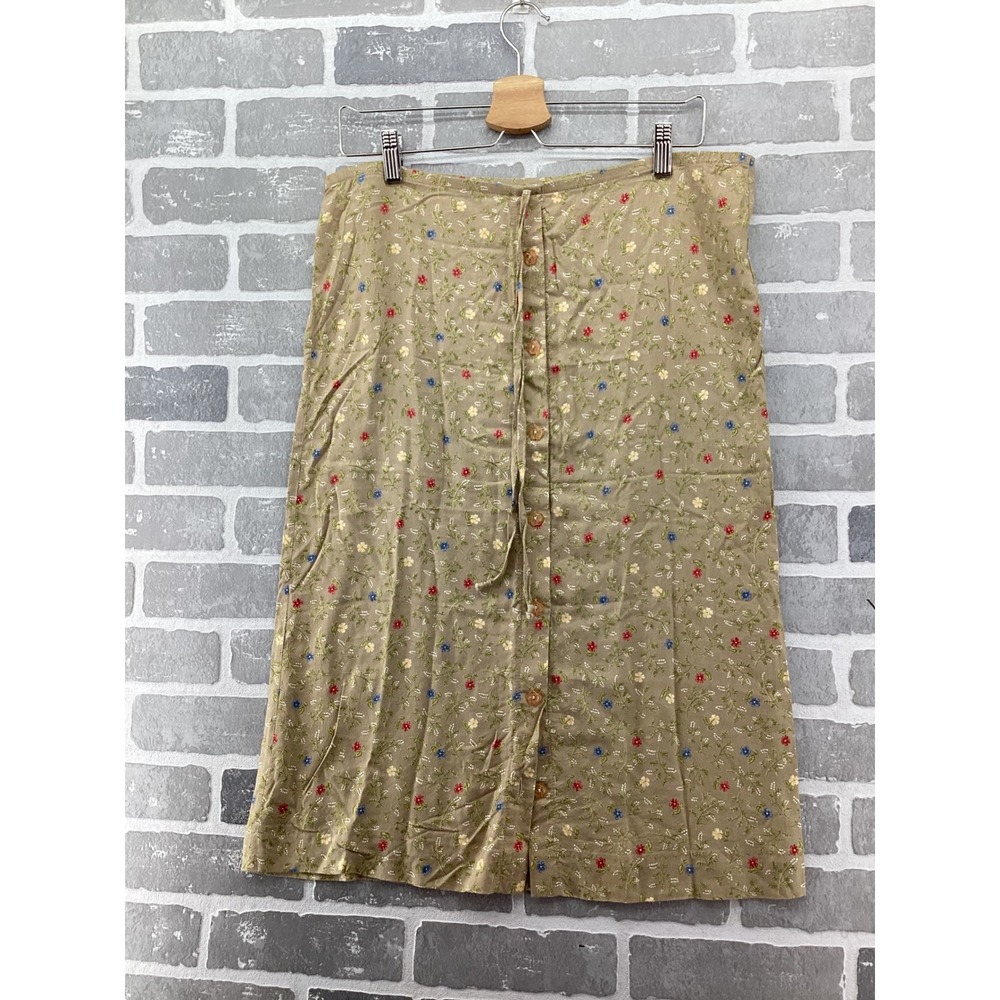Teddi Vintage Floral Button Front Midi Skirt Tan Rayon Cottagecore Small 10051
